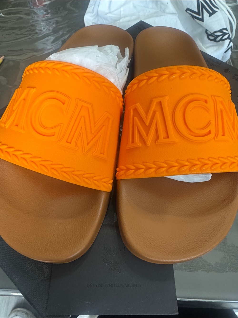 MCM Orange Strap Brown Footbed Slide Sandals
